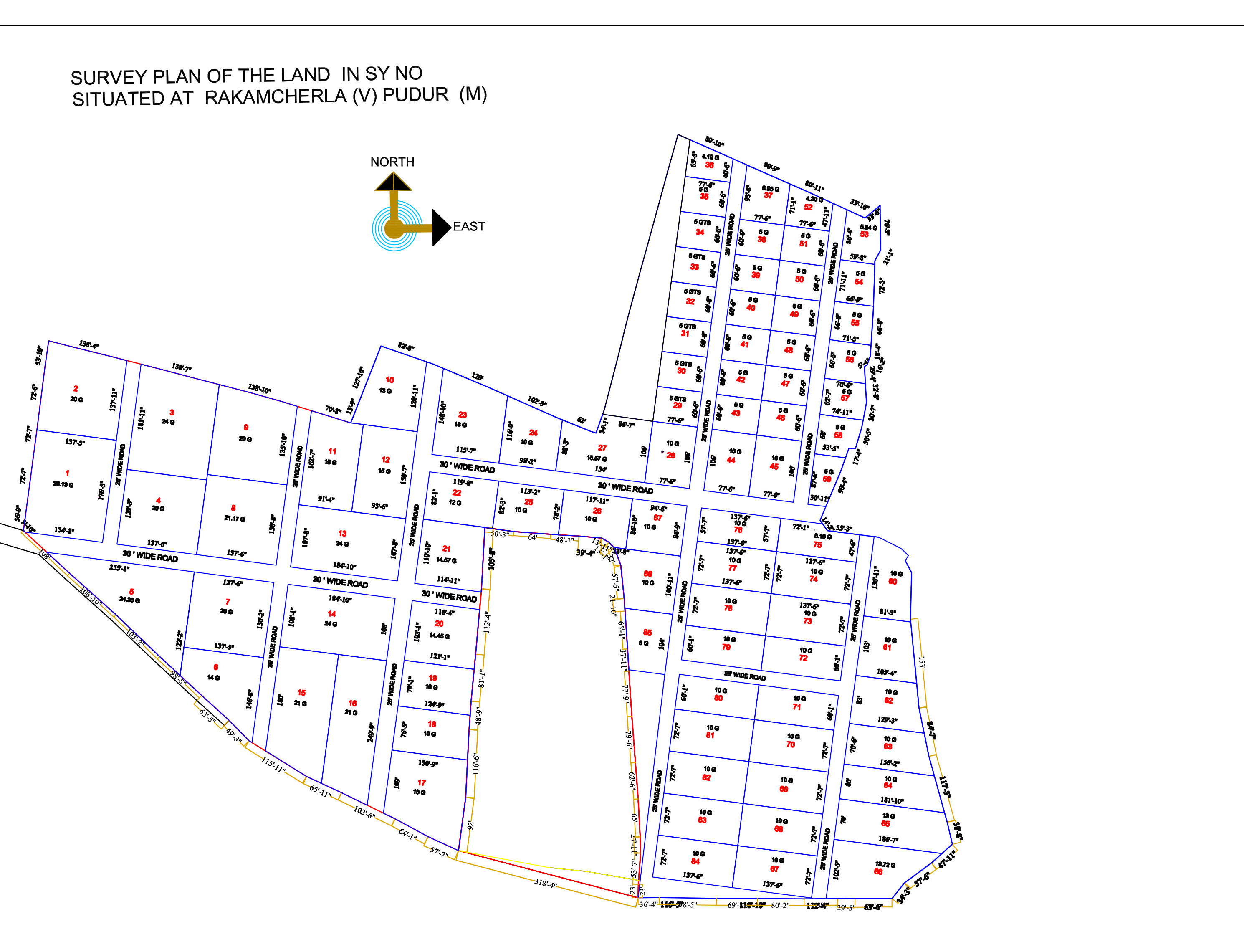 ZURI Golden Village survey plan — 87 plots across 25 acres at Rakamcherla